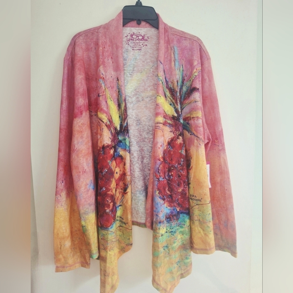 Leoma Lovegrove Pineapple Cardigan Sweater 2X Colorful Tropical Art NWT